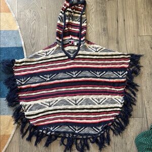 Striped Hooded Poncho with Fringe